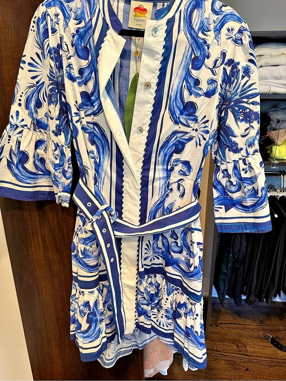 Farm Rio Garden Tiles Off-White Mini Dress Floral Mini Dress in Blue & White